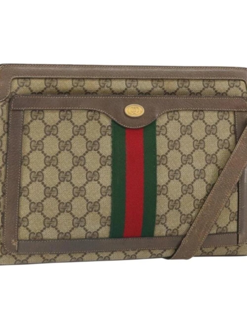 GUCCI GG Supreme Web Sherry Line Bag PVC Beige Gold 02 14 013 Auth 170488 - Picture 1 of 15